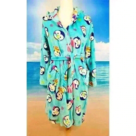 KOMAR KIDS Girls TEAL AQUA BLUE Bathrobe SOFT Dressing Gown FUZZY HOODIE size Lg - Picture 2 of 7